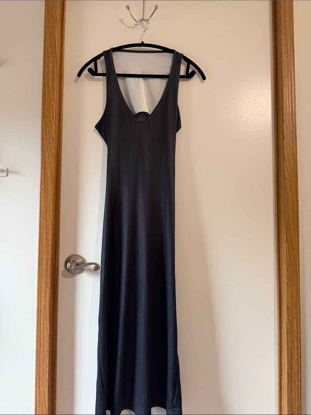 Sleeveless V-Neck Ribbed Maxi Dress in Charcoal